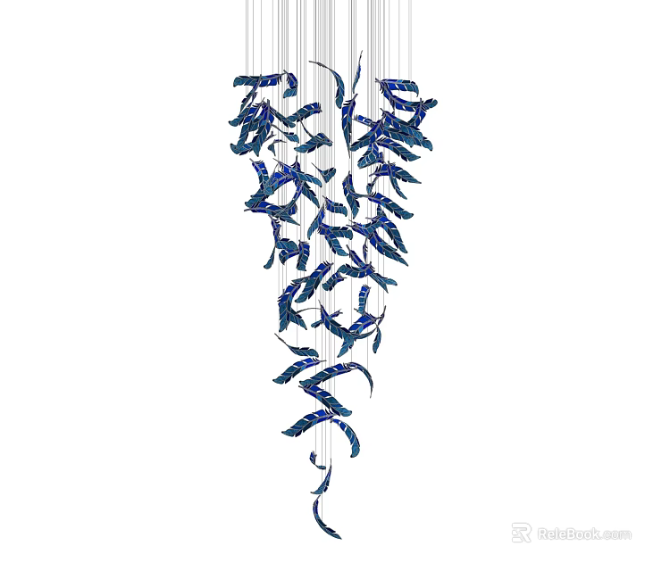 Unique Modern Chandelier With Blue Feather Like Hanging Decorative Elements 3d model 