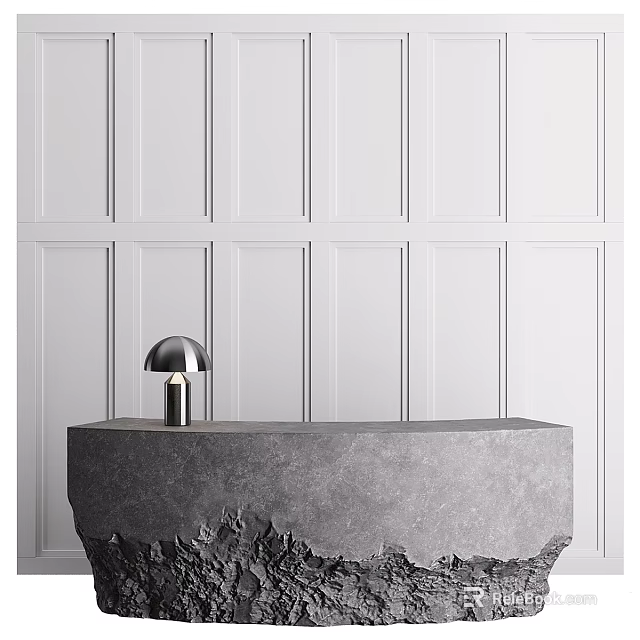 Hotel Front Desk With Gray Concrete Countertop And Modern Table Lamp On White Paneled Wall 3d model 
