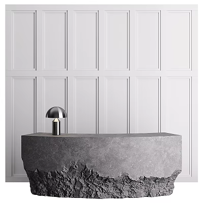 Hotel Front Desk With Gray Concrete Countertop And Modern Table Lamp On White Paneled Wall 3d model