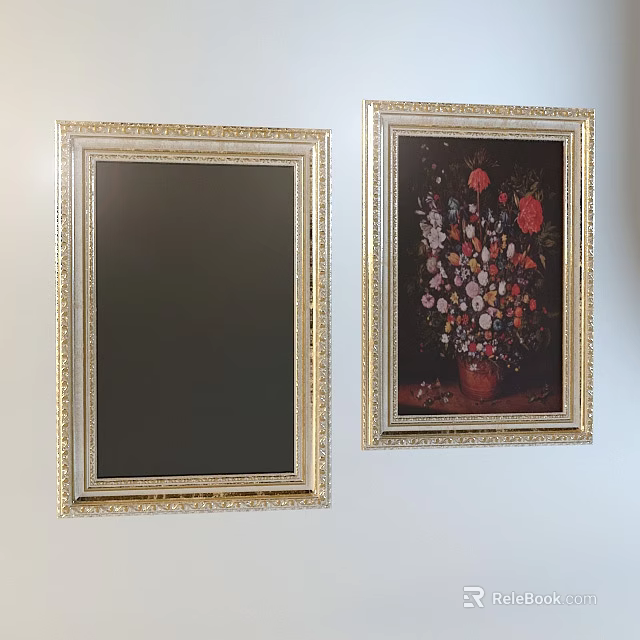 Botanical Flower Painting in Gold Ornate Frame with Colorful Blooms on White Wall 3d model 