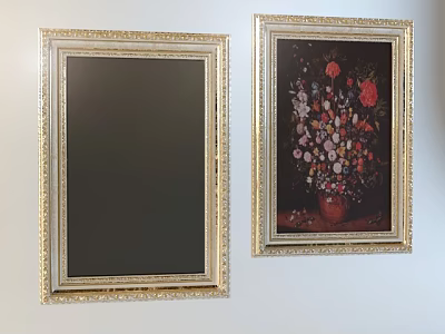 Botanical Flower Painting in Gold Ornate Frame with Colorful Blooms on White Wall 3d model