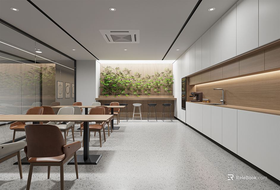 Modern Pantry Interior With Wooden Tables Chairs Green Plant Wall White Cabinets And Coffee Machine 3d model 