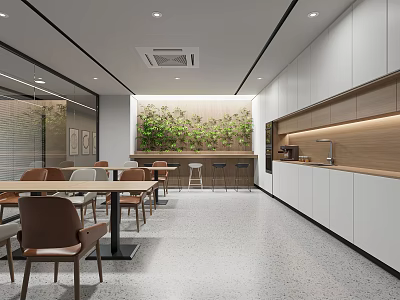 Modern Pantry Interior With Wooden Tables Chairs Green Plant Wall White Cabinets And Coffee Machine 3d model