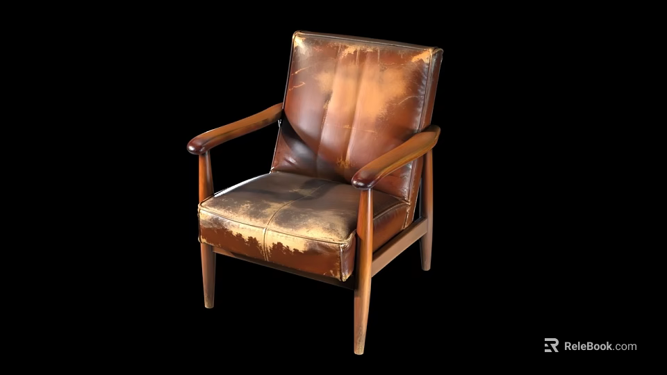 Vintage Brown Leather Armchair with Wooden Armrests and Distressed Finish Design 3d model 