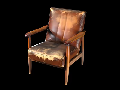 Vintage Brown Leather Armchair with Wooden Armrests and Distressed Finish Design 3d model