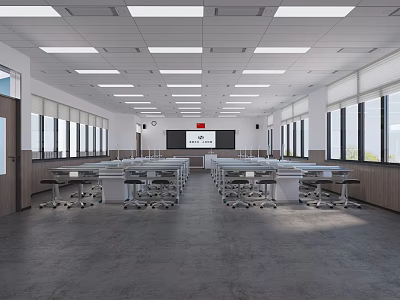 School Modern Classroom With Desks Chairs Whiteboard And Bright Windows Design 3d model