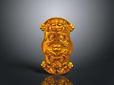 Golden Carved Decorative Plaque Featuring Intricate Ornate Facial And Floral Designs With Reflective Surface 3d model