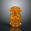 Golden Carved Decorative Plaque Featuring Intricate Ornate Facial And Floral Designs With Reflective Surface