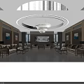 Elegant Hotel Public Lounge Area With Wooden Walls Chandelier Decorative Painting And Comfortable Sofas