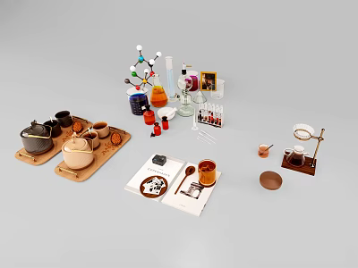 Stylish Decorative Ornament Set With Wooden Tray Ceramic Teacups Books And Home Decor Items 3d model