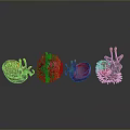 Colorful Spiky Creatures With Red Green Hues And Tentacles In Artistic Display Arrangement