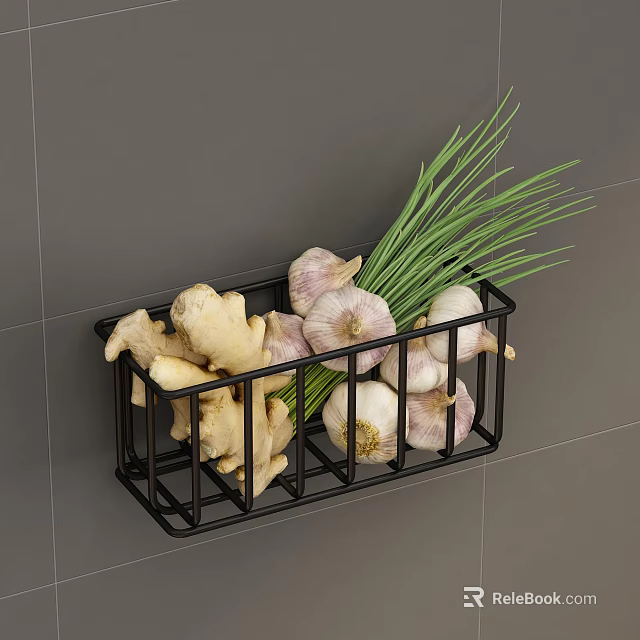 Fresh Ginger Garlic and Green Onions in Black Metal Basket on Gray Tile Wall 3d model 