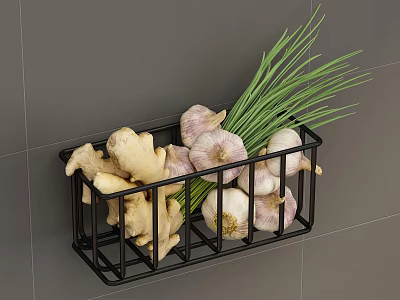 Fresh Ginger Garlic and Green Onions in Black Metal Basket on Gray Tile Wall 3d model