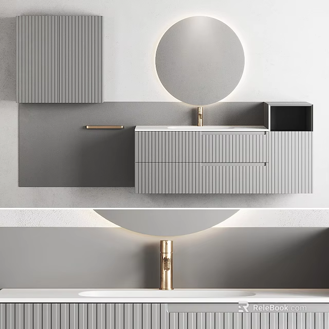 Modern Wall Mounted Washbasin Vanity with Round Mirror Gray Cabinet and Gold Faucet 3d model 