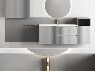 Modern Wall Mounted Washbasin Vanity with Round Mirror Gray Cabinet and Gold Faucet 3d model