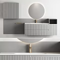 Modern Wall Mounted Washbasin Vanity with Round Mirror Gray Cabinet and Gold Faucet
