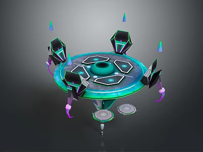Futuristic Circular Furniture with Geometric Parts and Glowing Blue Green Accents 3d model