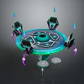 Futuristic Circular Furniture with Geometric Parts and Glowing Blue Green Accents