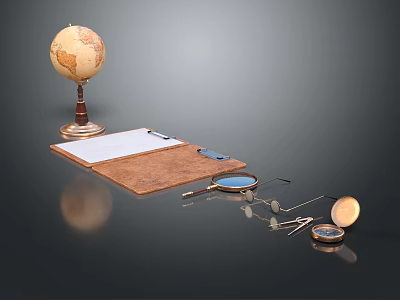 Globe Leather Clipboard With Blank Paper Magnifying Glass Eyeglasses Pocket Watch On Dark Surface 3d model