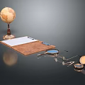 Globe Leather Clipboard With Blank Paper Magnifying Glass Eyeglasses Pocket Watch On Dark Surface