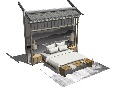 Traditional Style Double Bed With Wooden Canopy Frame Nightstands And Area Rug 3d model