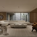 Modern Living Room With White Sofa Brown Armchairs Area Rug And Decorative Painting