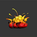 Cartoon Explosion Scene With Orange Red Spheres Yellow Splashing Fragments Red Glow On Blue Platform