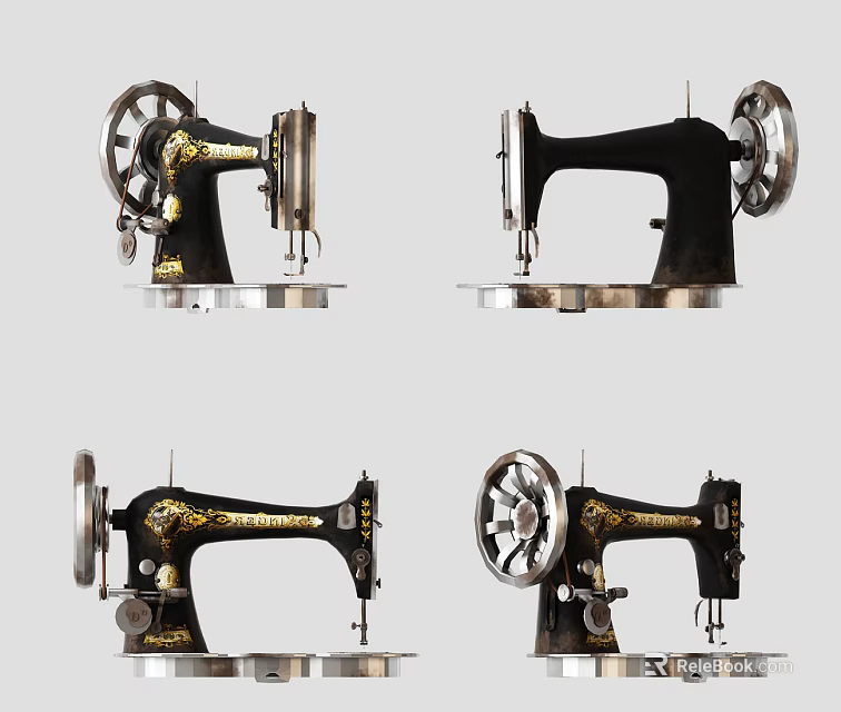 Vintage Industrial Sewing Machines With Mechanical Design And Metal Parts 3d model 