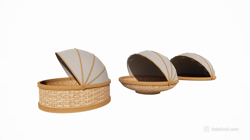 Three Natural Wicker Storage Baskets With Open Domed Lids And Rattan Trim 3d model 