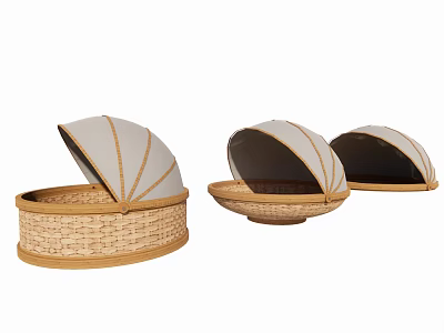 Three Natural Wicker Storage Baskets With Open Domed Lids And Rattan Trim 3d model