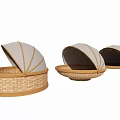 Three Natural Wicker Storage Baskets With Open Domed Lids And Rattan Trim