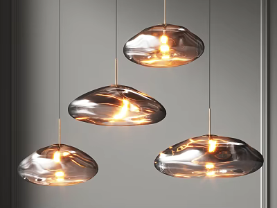 Three Modern Transparent Cloud Shaped Chandeliers Hanging Lit Against Grey Background 3d model
