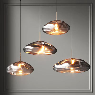 Three Modern Transparent Cloud Shaped Chandeliers Hanging Lit Against Grey Background 3d model