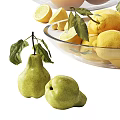 Fresh Oranges Green Pears and Lemons in Glass Bowls with Scattered Fruits and Leaves