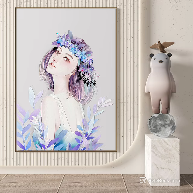 Painting of Woman with Flower Crown and Bear Figurine on Marble Base with Moon Object 3d model 