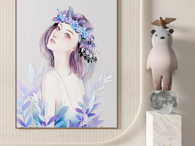 Painting of Woman with Flower Crown and Bear Figurine on Marble Base with Moon Object 3d model