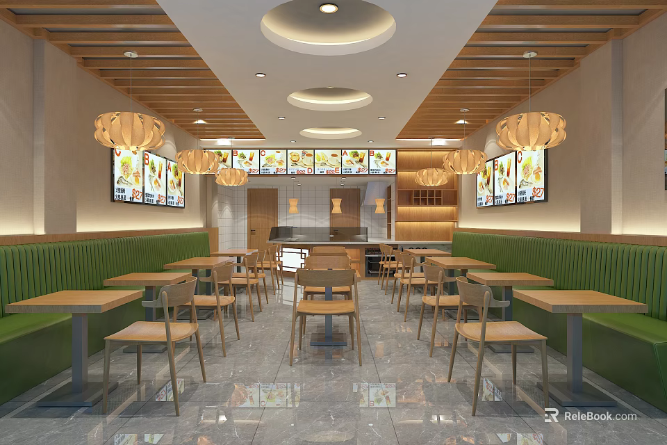 Cozy Restaurant Interior With Wooden Chandeliers Green Banquettes Wooden Tables Chairs And Wall Artworks 3d model 