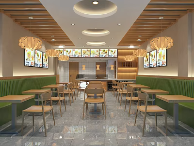 Cozy Restaurant Interior With Wooden Chandeliers Green Banquettes Wooden Tables Chairs And Wall Artworks 3d model