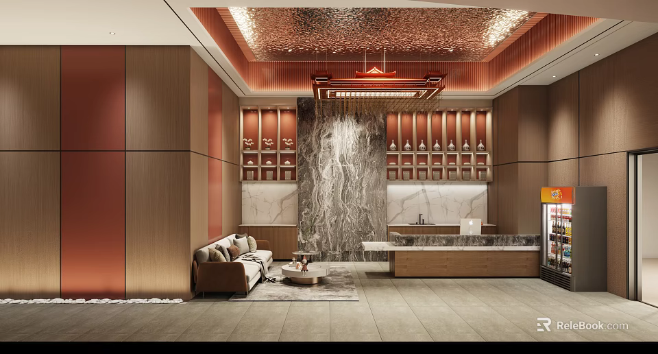 Chinese Style Lobby Interior With Sofa Marble Wall Display Shelves And Ceiling Design 3d model 
