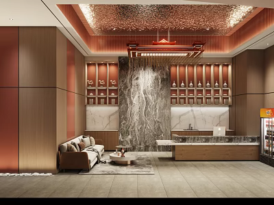 Chinese Style Lobby Interior With Sofa Marble Wall Display Shelves And Ceiling Design 3d model