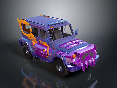 Custom Purple Orange Off Road Vehicle With Flame Decals Spiked Bumper And Roof Rack 3d model