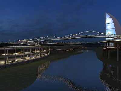 Stunning Night Landscape With Illuminated Curved Bridge River Reflection And Modern Buildings 3d model
