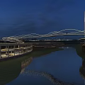 Stunning Night Landscape With Illuminated Curved Bridge River Reflection And Modern Buildings