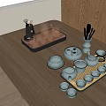 Elegant Tea Set with Teapot Multiple Cups Trays on Wooden Table Surface 3d model