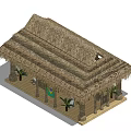 Rustic Thatch Roof Canopy with Wooden Columns Tables Chairs and Decorative Plants for Outdoor Lounge