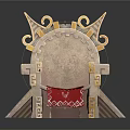 Ornate Ancient Style Chair With Golden Decorations Carved Patterns And Red Cushioned Seat