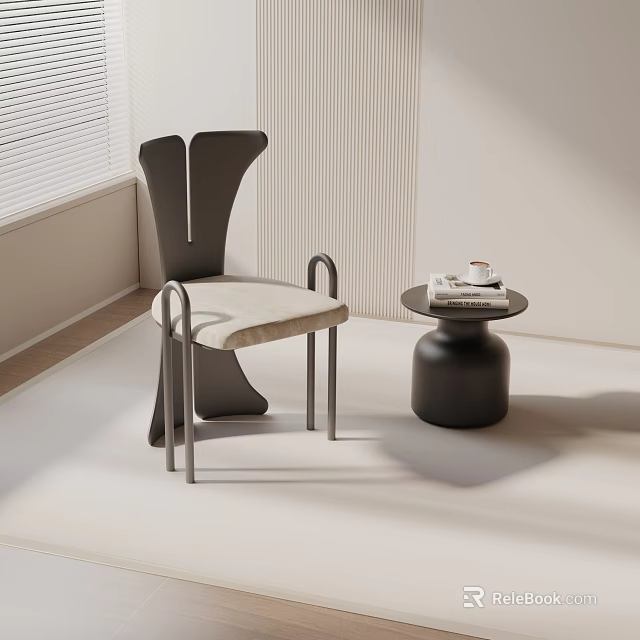 Accent Chair With Black Backrest Armrests Light Cushion Small Round Table With Books Window Blinds 3d model 