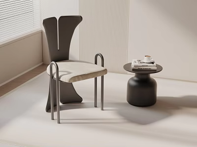 Accent Chair With Black Backrest Armrests Light Cushion Small Round Table With Books Window Blinds 3d model