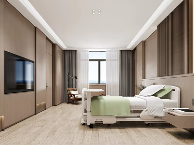 Modern Hospital Outpatient Ward With Electric Bed TV Window Chair And Wooden Decor 3d model
