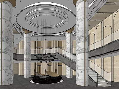 Elegant Hotel Lobby Interior With Marble Columns Circular Ceiling And Chandelier Staircase 3d model